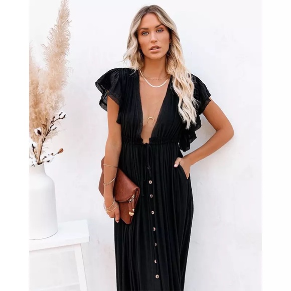 SOLD OUT Black Gauze Boho Raw Hem Button Maxi Dress - Picture 6 of 8